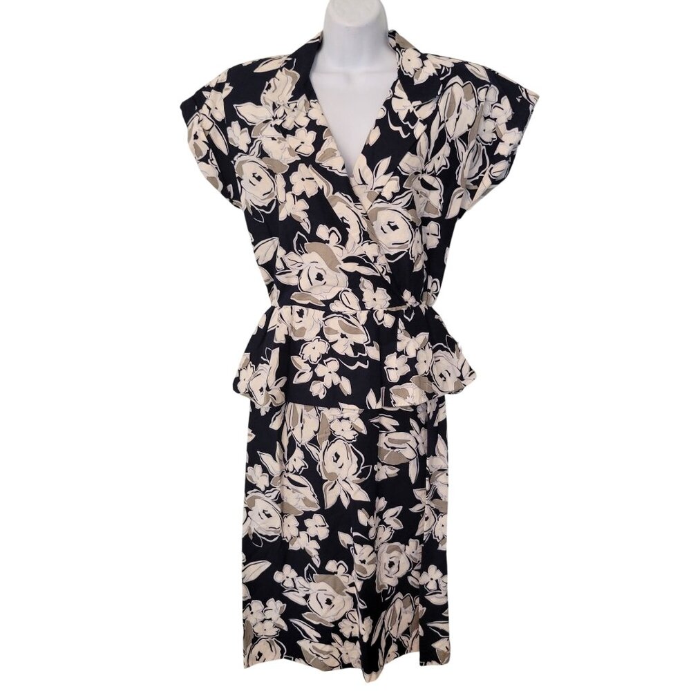 Vintage 1940s Peplum Blue Floral Midi Tea Dress 14‎ Retro Pin Up Girl